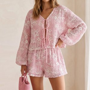 Jacquard Macaron-colored V-neck Long-sleeve Belted Top And Shorts Two-piece Set